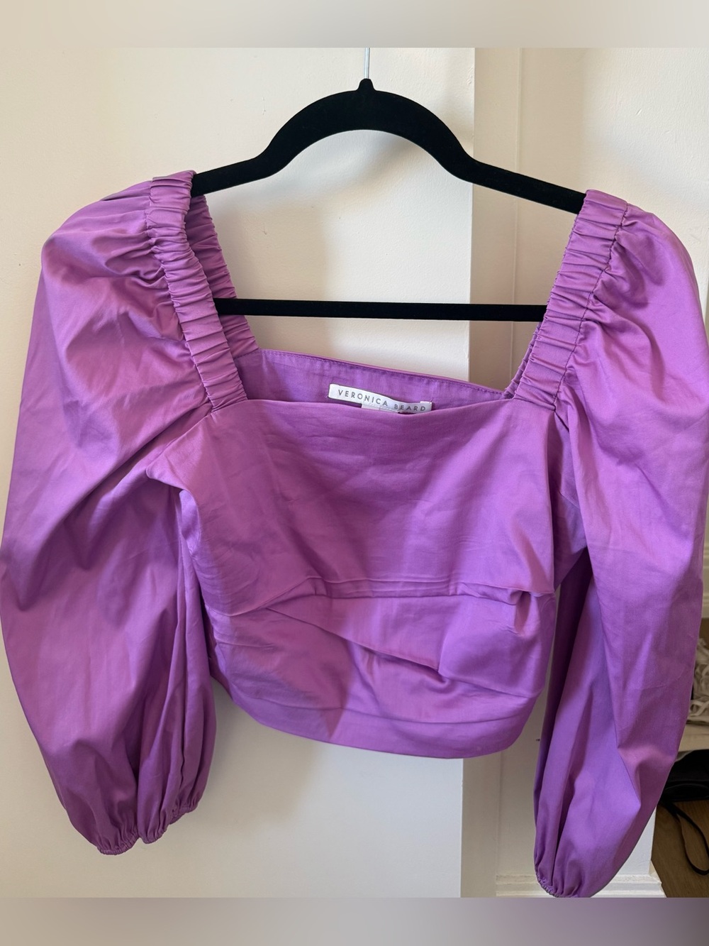 Veronica Beard Lilac Puff-Sleeve Square Neck Crop Top